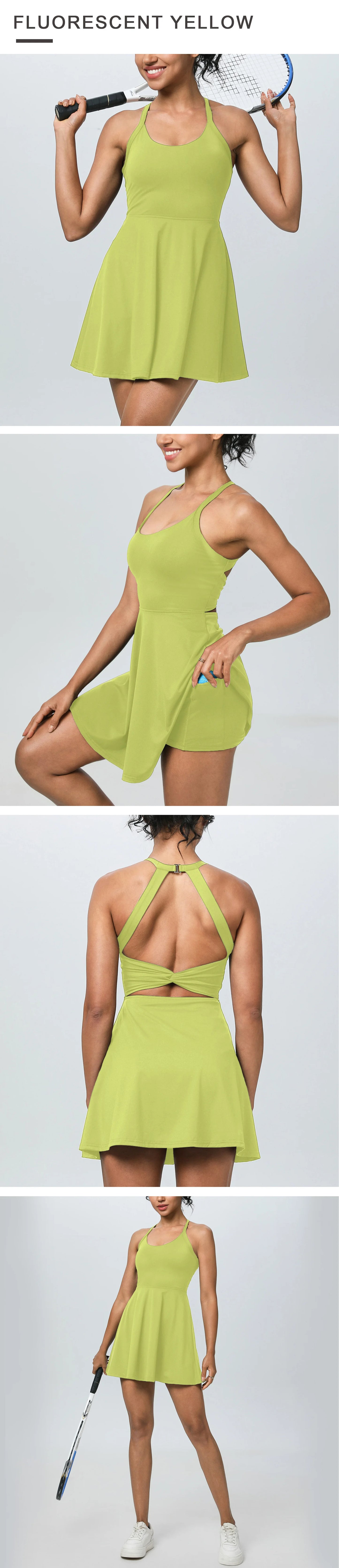 Summer Women Sexy Backless Tennis Dress Sleeveless A-lined Athletic Dress Built-in Bra & Shorts Ladies Elastic Workout Skirts