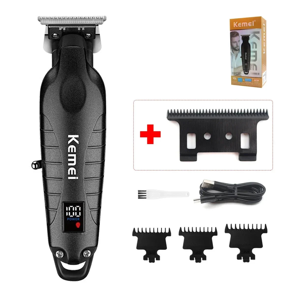 Kemei KM-2293 Professional Hair Trimmer Machine Zero Gapped Full Metal DLC T-Blade Finishing Machine USB LED Man's Hair Clipper