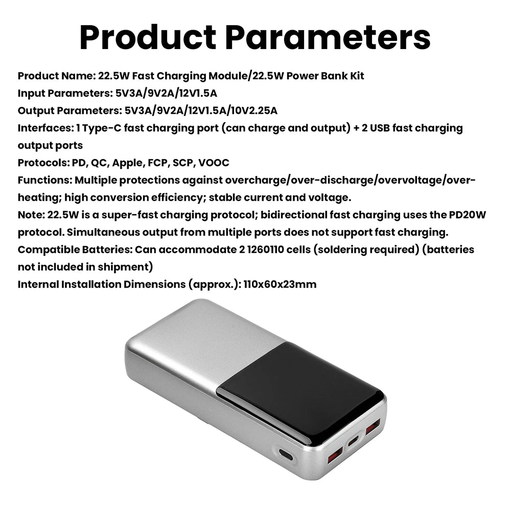 22.5W Fast Charging Module Power Bank DIY Kit TFT Color Screen LCD Display 3.7V Ternary Lithium Battery Supports PD/QC/SCP/VOOC