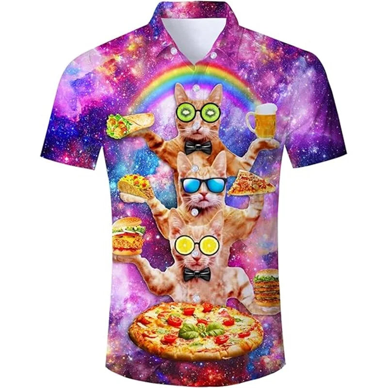 Full Print Funny Cat Dinosaur Pattern Hawaiian Shirts For Men Summer Casual Short Sleeve Button Aloha Shirt Men's Surfing Shirts