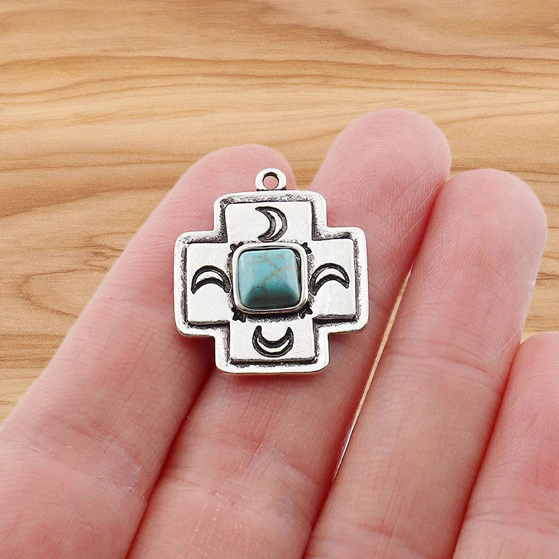 4 Pieces Tibetan Silver Color & Turquoise Crystal Hollow Charms Pendants For DIY Necklace Jewelry Making Accessories