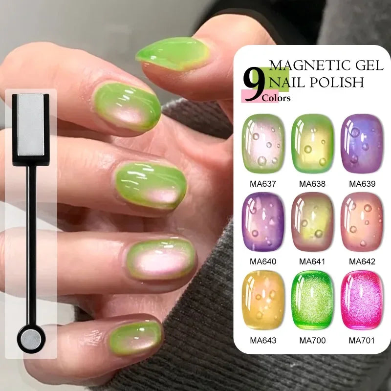 12Pcs/Set Fluorescent Cat Magnetic Nail Gel Polish Guava Green Neon Color With Magnetic Stick Semi-Permanent UV Gel Nail Art Kit