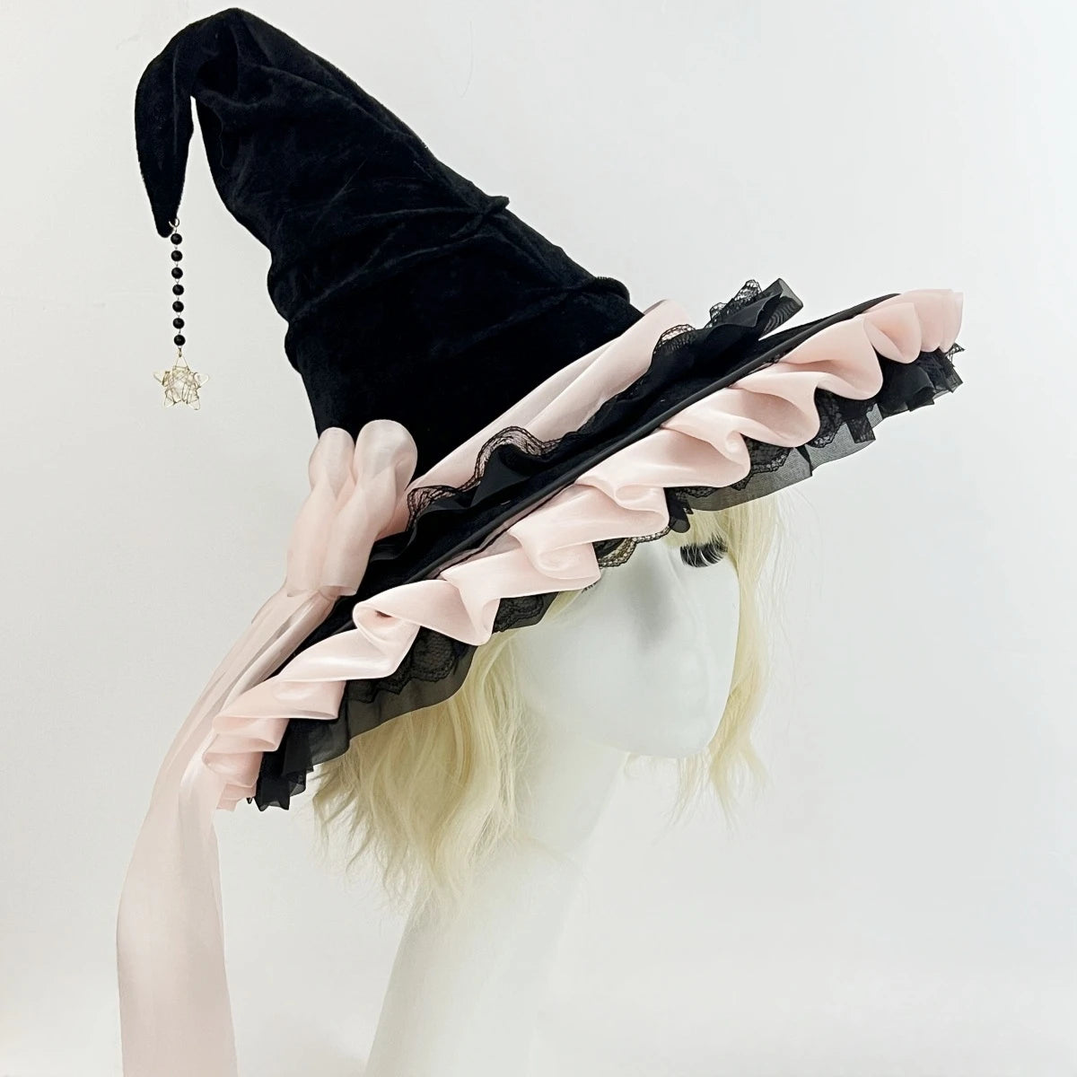 Halloween Party Witch Hat Costume Bowknot Large Black Crooked Ruched Wizard Hat Accessory