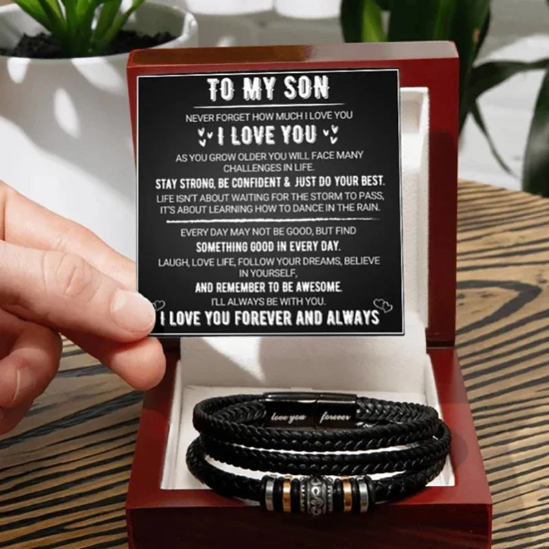 To My Son Bracelet, Stainless Steel Bracelet Son Inspirational Gifts From Mom Dad, Birthday Gifts For Son Message Card Gift Box