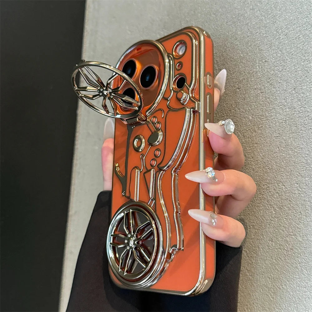 Motorcycle 3D Flip Up Bracket Lens Protection Case for iPhone 12 13 14 15 Plus 16 17 Pro Max Airbag Shockproof Solid Color Cover