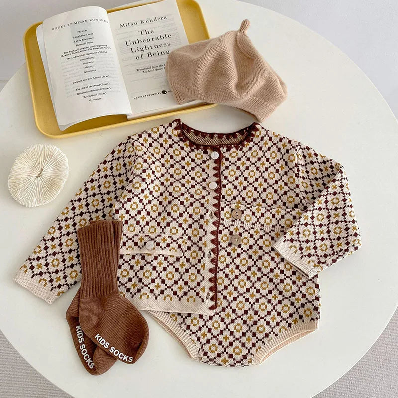 Autumn Baby Clothes Sweater Set Infant Girls Knit Sweaters Cardigan Jacket Blommer 2 Pcs