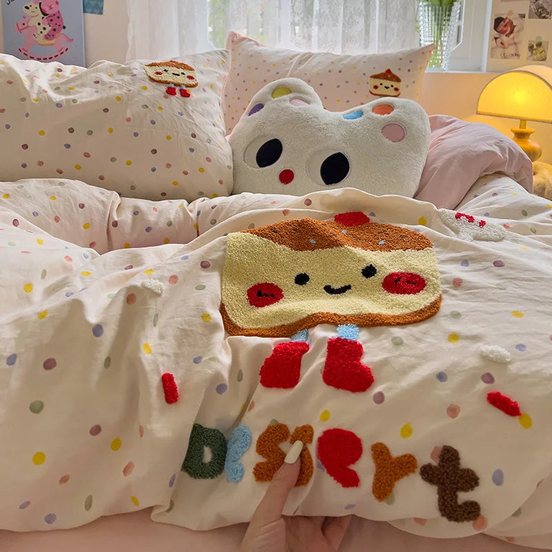 Cartoon Animal Embroidery Bedding Set For Adults Kids Cute Flat Fitted Sheet With Pillowcases Washed Cotton Colorful Full Size