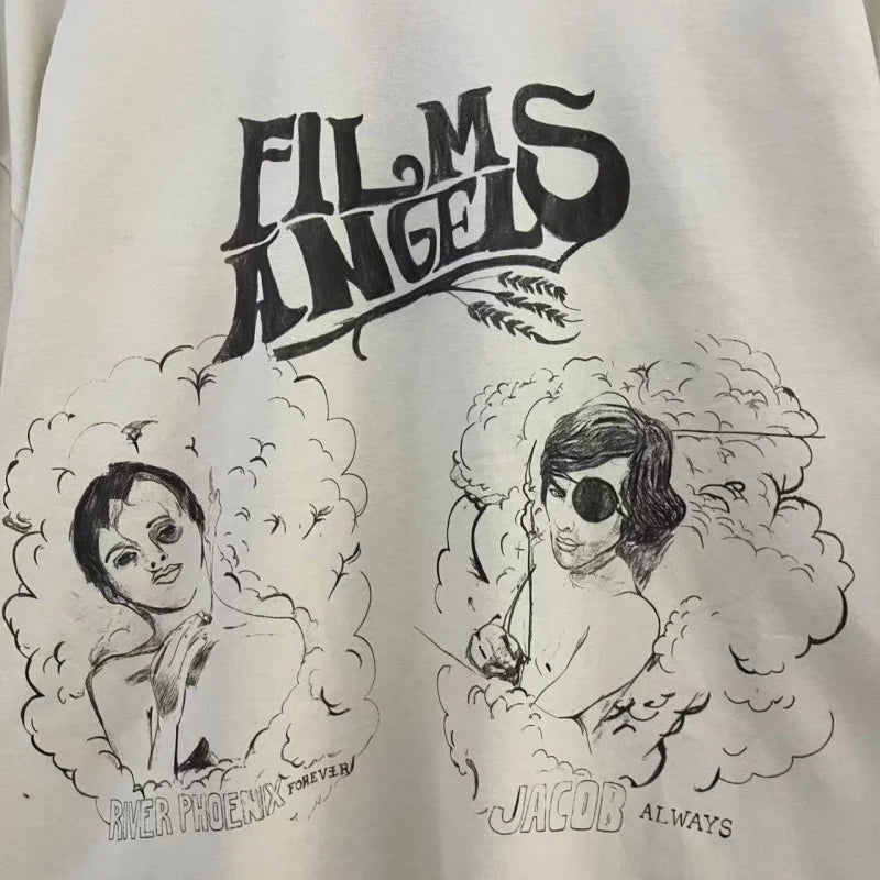 Men's Vintage Movie Print T-Shirt Paly Washed Graffiti Streetwear Loose Fit Cotton Tee