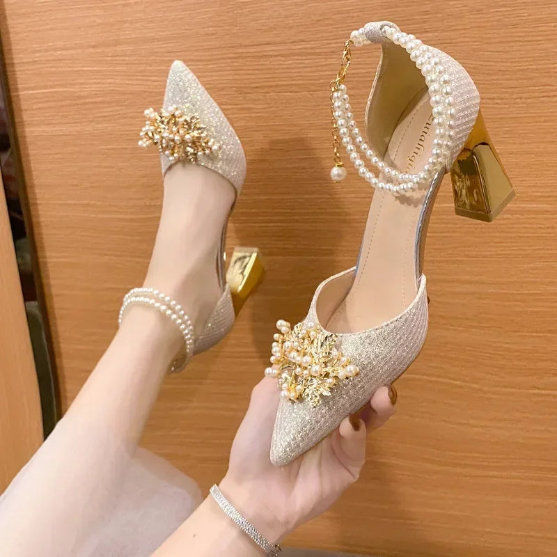 Ladies Shoes on Sale  Fashion Pointed Metal Beaded Solid Women's High Heels Summer Leisure Banquet Women Wedding Pump 2024