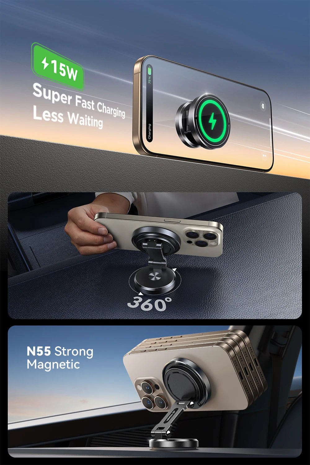 Joyroom Car Phone Holder Charger with Rotatable Charging Panel 15W Wireless Fast Charging Magnetic Phone Holder For iPhone 16-12