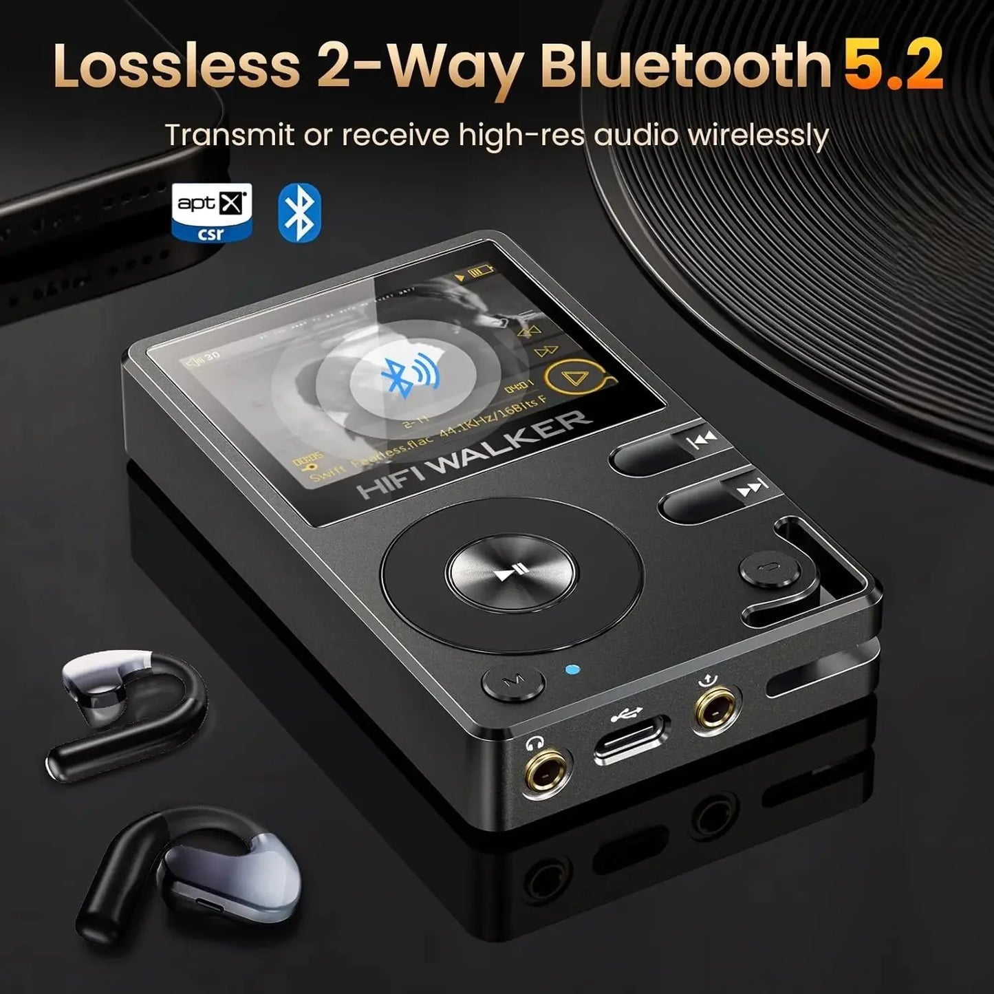HIFI WALKER H2 Hi-Res MP3 Music Player Bluetooth Portable 128GB High Sound Quality  DAC FLAC APE Type-C Digital Audio Player