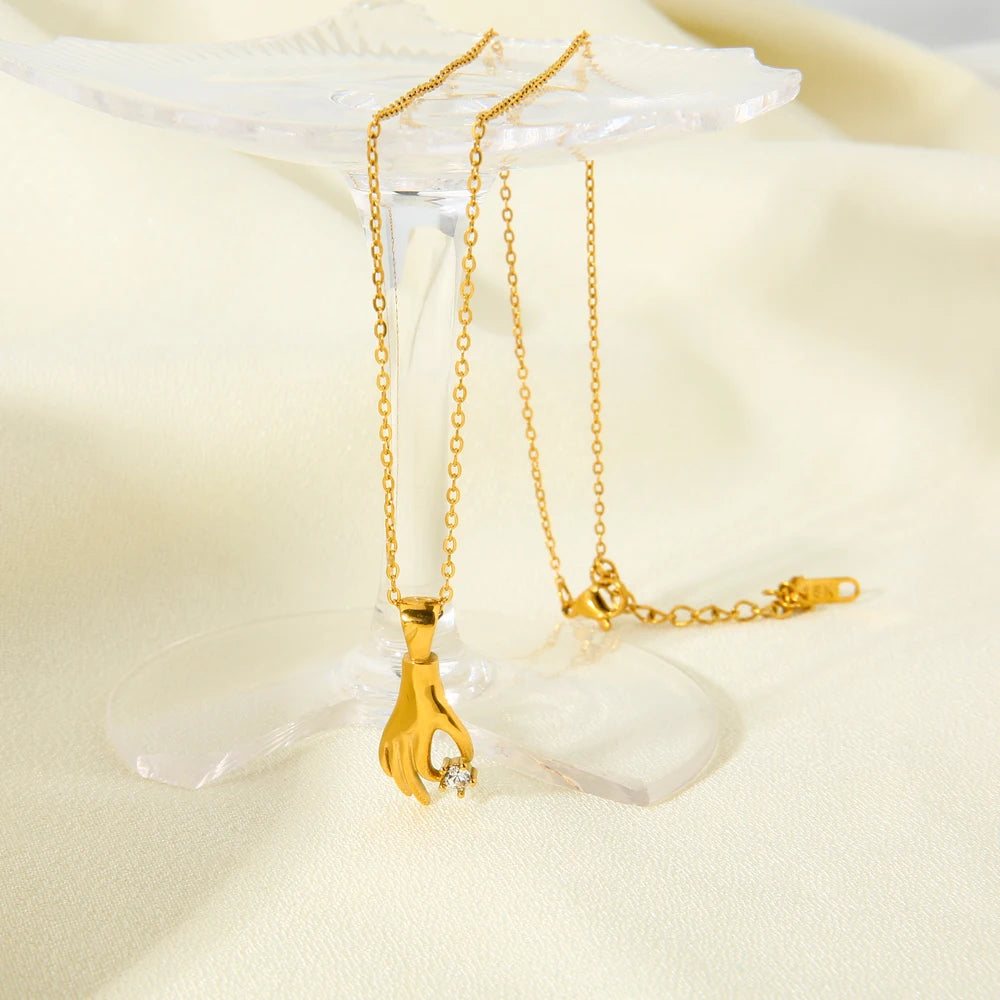 Dancy Fairy Stainless Steel Shiny Stone Abstract Palm Pendant Necklace for Women 18K Gold Color Hand Pick Star Charm Necklace