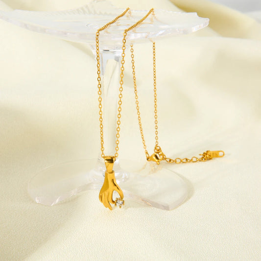 Dancy Fairy Stainless Steel Shiny Stone Abstract Palm Pendant Necklace for Women 18K Gold Color Hand Pick Star Charm Necklace