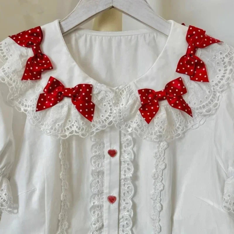 Women Harajuku Japanese Style Sweet Lolita Shirts Peter Pan Collar Bow Lace Ruffles Long Sleeve White Blouse Blusas Mujer Tops
