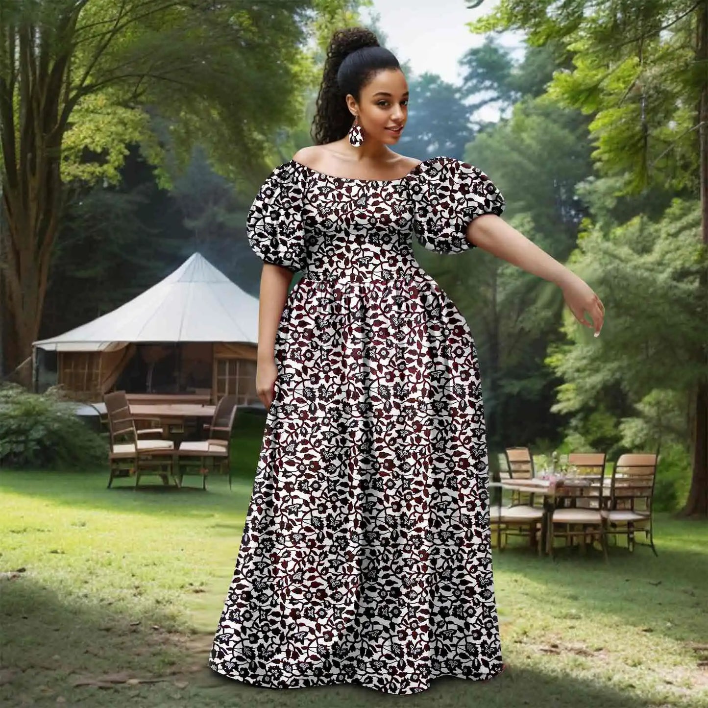 Afripride African Women's Dresses Sexy Strapless Bubble Sleeves With Same Color Earrings Women's Dresses 2525012