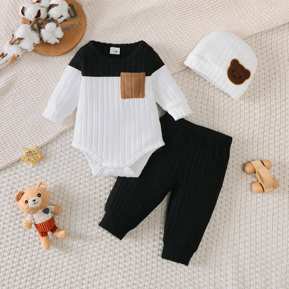 0-18 Month Newborn Baby boy Set Round neck Color Blocked Bodysuit+Pants+Hat Comfortable 3Pcs/set for baby boy spring  autumn Set