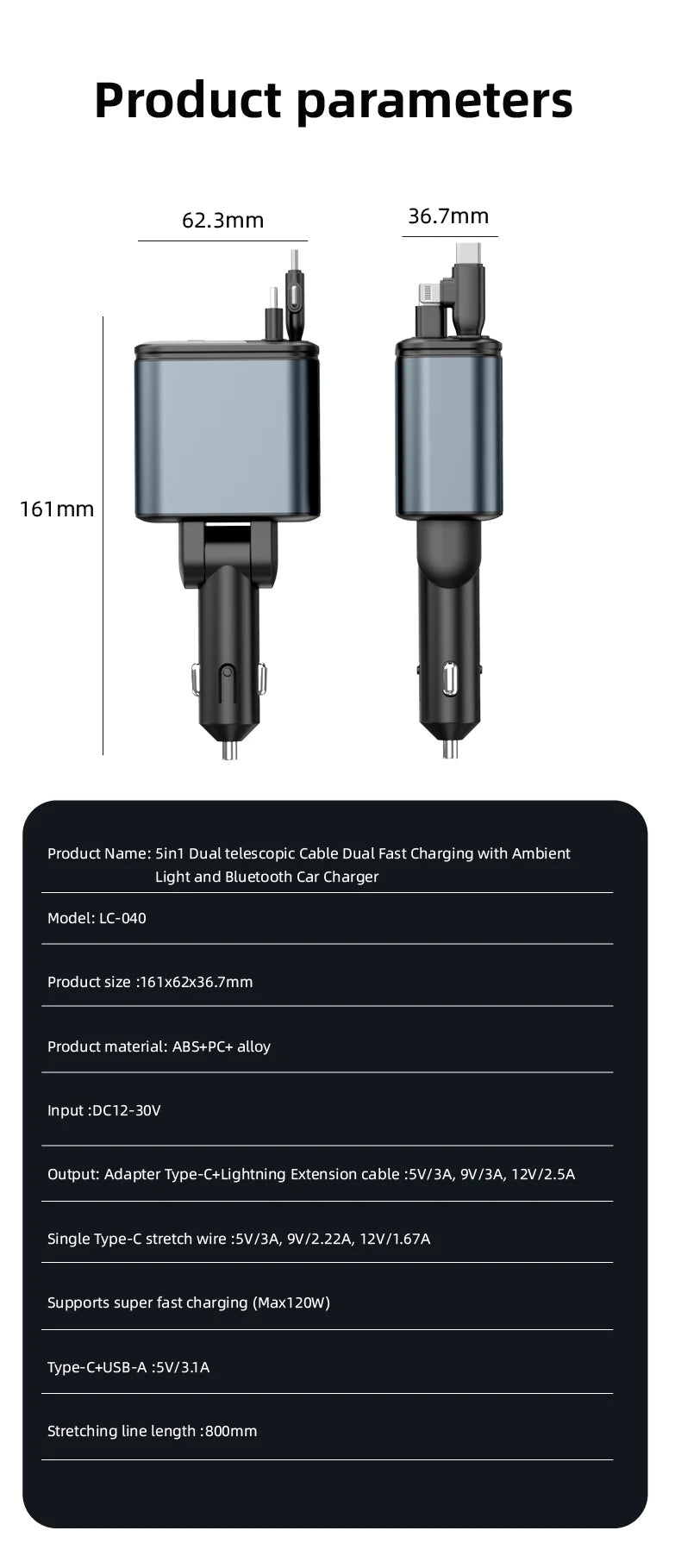 5 IN 1 180W Retractable Car Charger Bluetooth 5.0 FM Transmitter Fast Phone Charger Handsfree Call U-disk Aux with LED Light