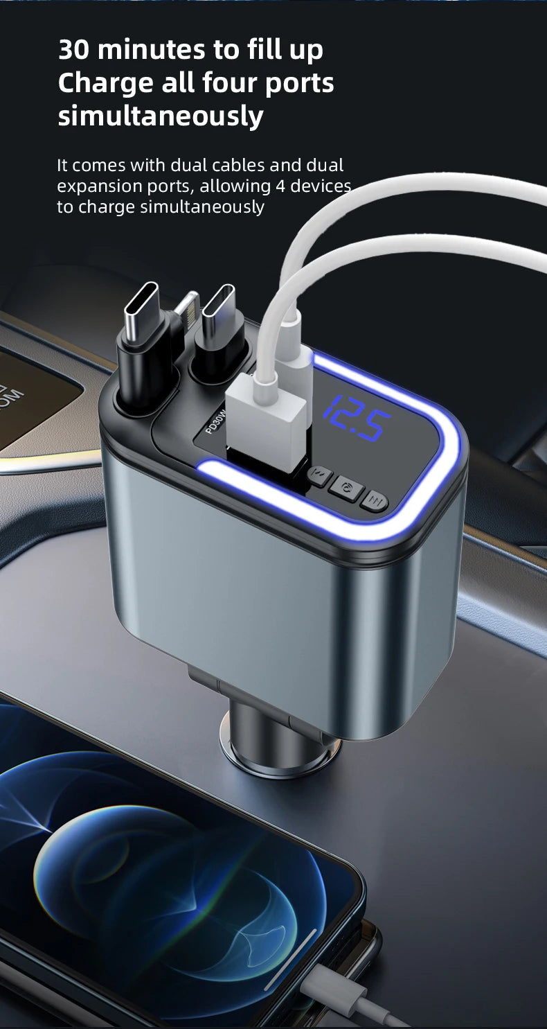 5 IN 1 180W Retractable Car Charger Bluetooth 5.0 FM Transmitter Fast Phone Charger Handsfree Call U-disk Aux with LED Light
