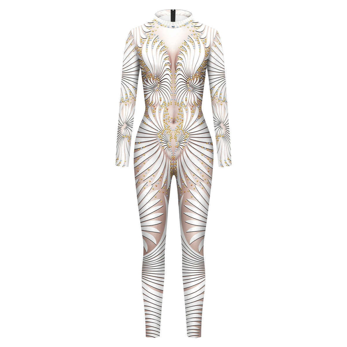 Halloween Cosplay Costume Shiny Sexy Lace Sequins Pattern 3D Printed Slim Bodysuit Theme Party Role Playing Jumpsuit for Women