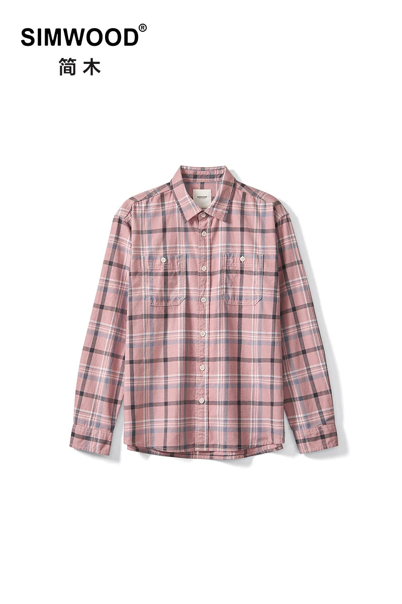 SIMWOOD 2025 Autumn New Oversize 100% Cotton Fabric Plaid Shirts Men Washed Vintage Check Shirts