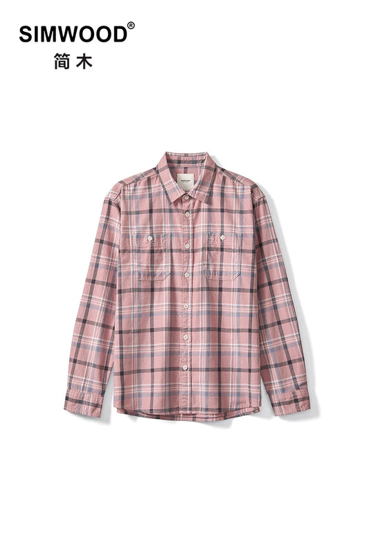 SIMWOOD 2025 Autumn New Oversize 100% Cotton Fabric Plaid Shirts Men Washed Vintage Check Shirts