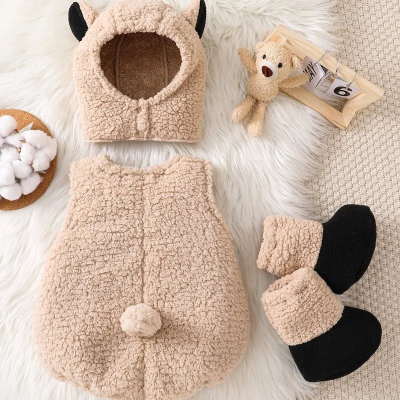 Newborn Baby Sherpa Romper Sleeveless Hooded Sheep Horn Bodysuit Cute Animal Onesie Toddler Warm Jumpsuit Winter Playsuit.