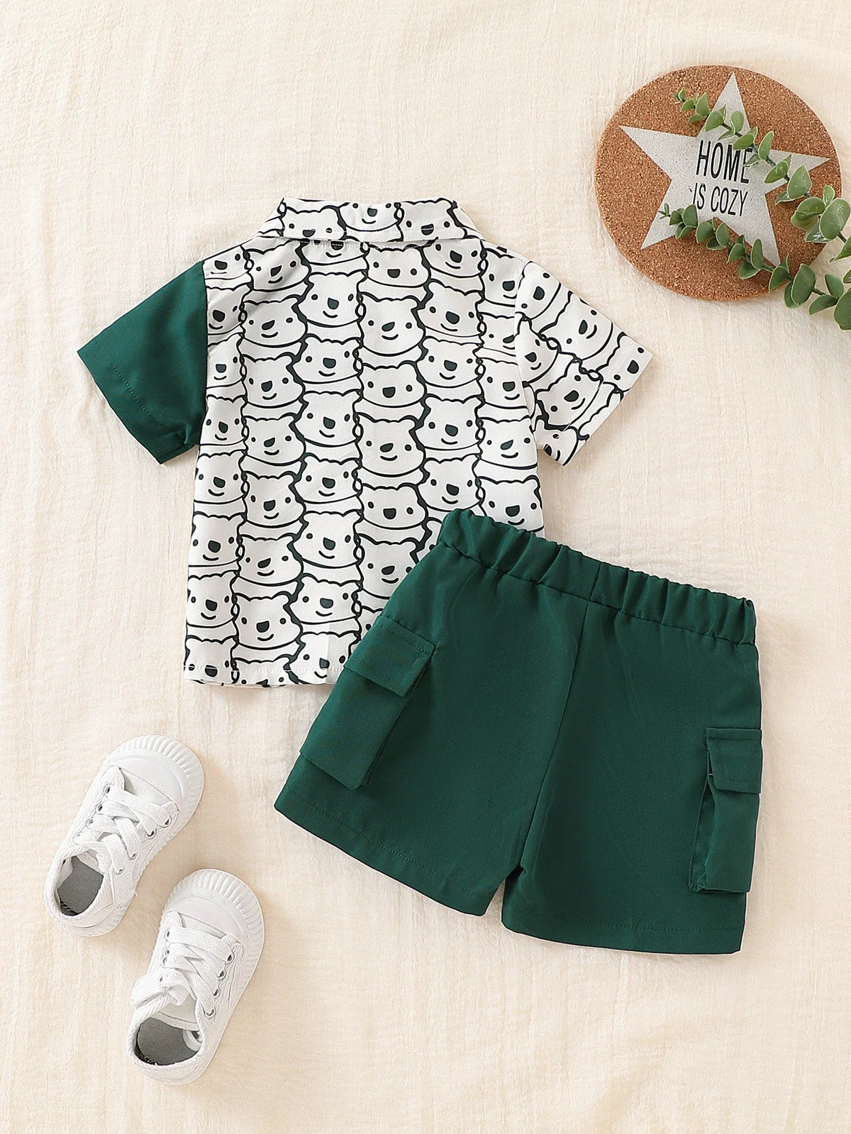 Baby Boys 2-Piece Set Cartoon Teddy Bear Printed Short-Sleeved Shirt And Shorts Fashionable Summer Outfit for Toddlers