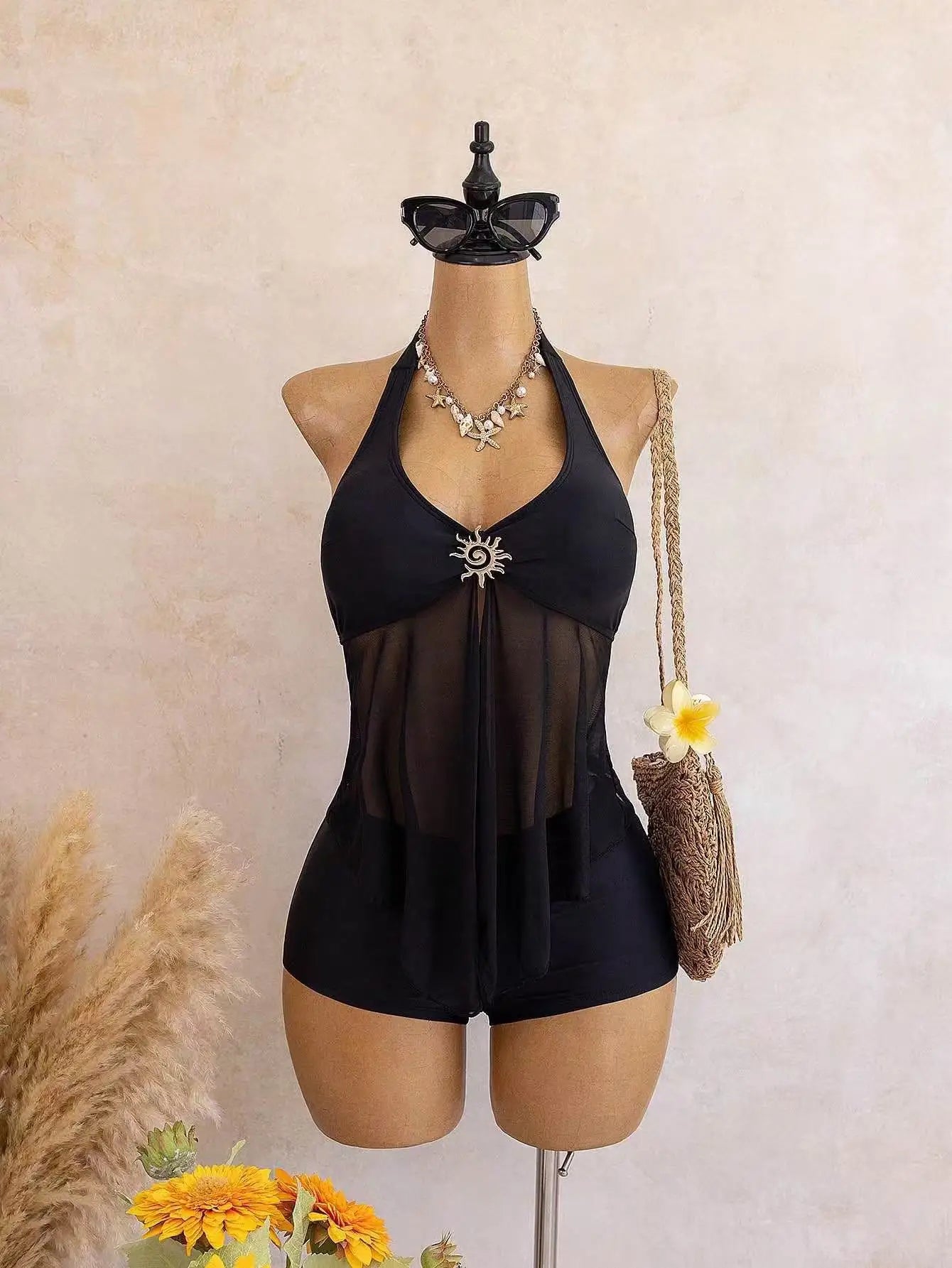 Beige Two Piece Bikini Set 2026 Women Metal Sun Ornament Mesh Tank Top High Waist Swimsuit Holiday Bathing Suit Swimwear