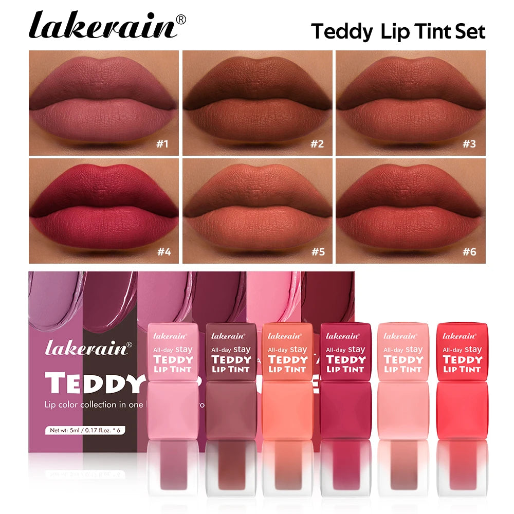 6pcs/set Teddy Velvet Non-stick Cup Lip Glaze Matte Lipstick Waterproof Longlasting Color Liquid Silky Saturation High Lip Gloss
