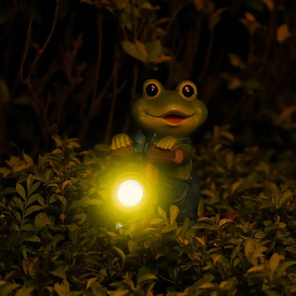 Resin Garden Frog Statue with Solar Light Frog Cycling Model Frog Ornaments Cute Animal Statue for Patio Lawn Yard Decoration