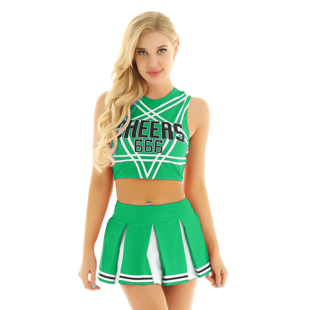 Women's Cheerleader Cosplay Costume Uniform Outfit Stand Collar Crop Top with Mini Pleated Skirts Carnival Cheerleading Suit