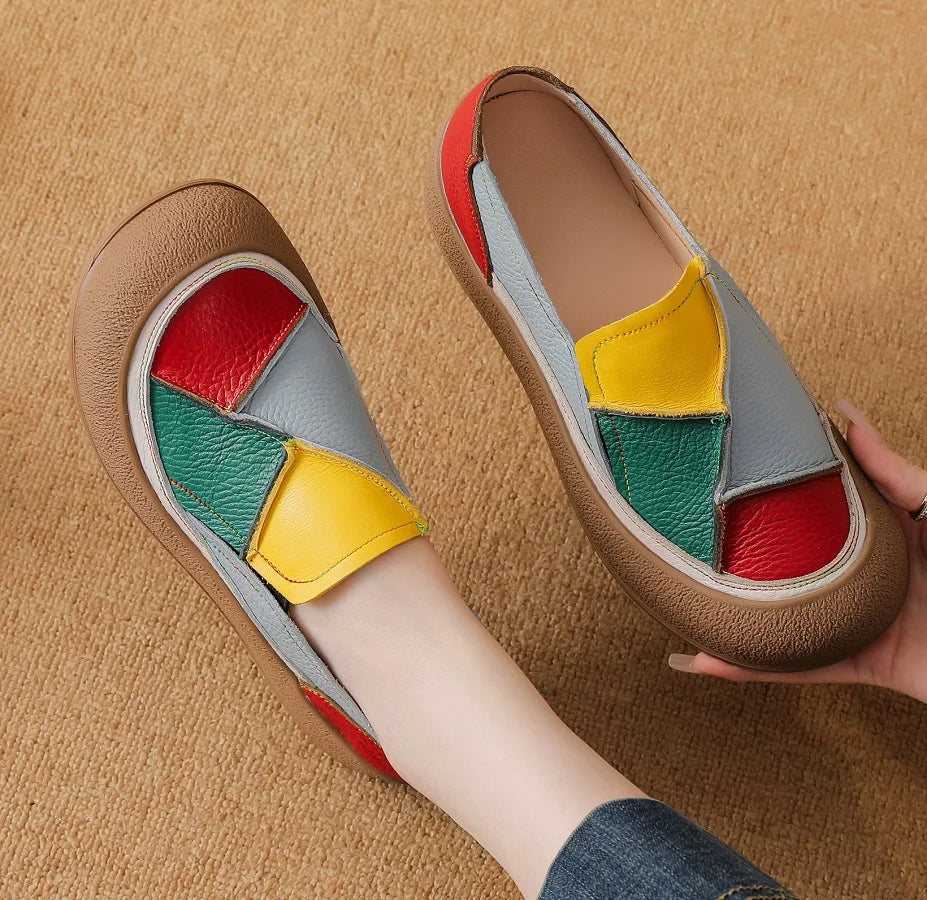 2025 New real leather ballet flats mixed colors moccasins women's slip on shoes luxury patchwork flats lady driving loafer woman