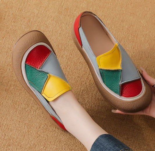 2025 New real leather ballet flats mixed colors moccasins women's slip on shoes luxury patchwork flats lady driving loafer woman