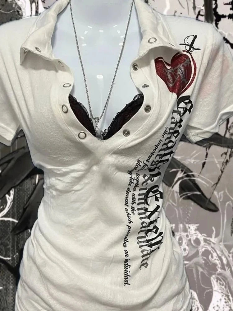 Japanese Letter Printing Vintage Tops Y2k Aesthetic Turn Down Collar Punk Tshirts Women Grunge Harajuku Casual Slim Fit Tees