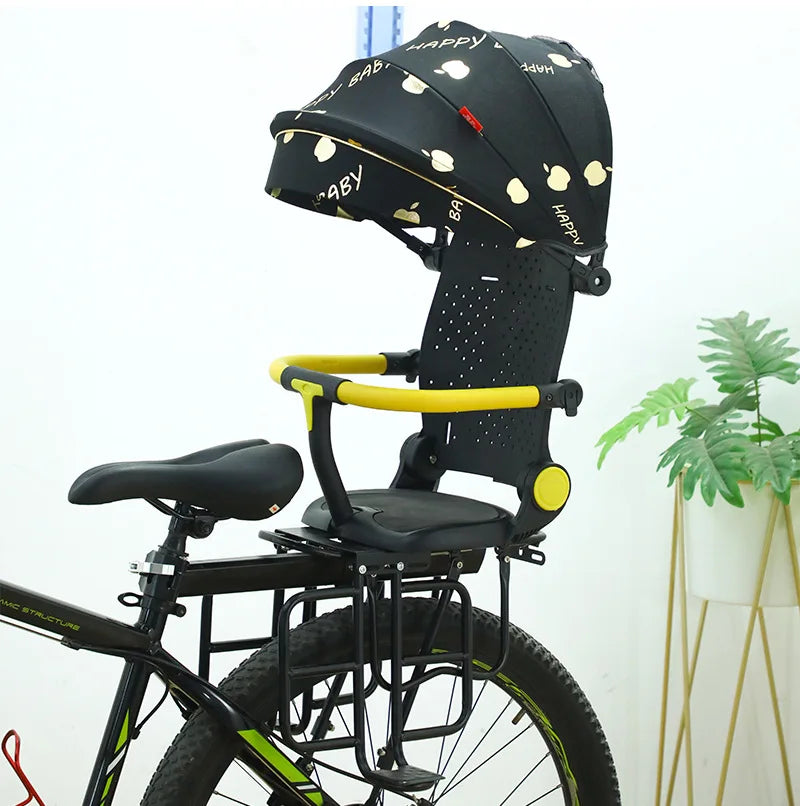Universal Bicycle Child Seat Foldable Baby Carrier with Adjustable Backrest Breathable Cushion 3-Point Safety Belt