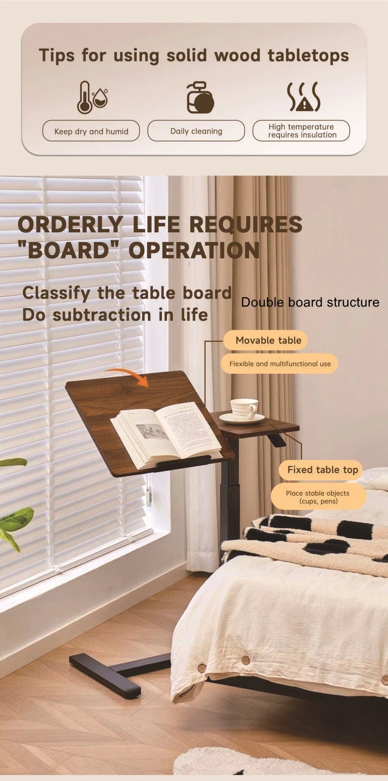 Pneumatic lift table, movable bedside small square table, height-adjustable table, multi-functional table