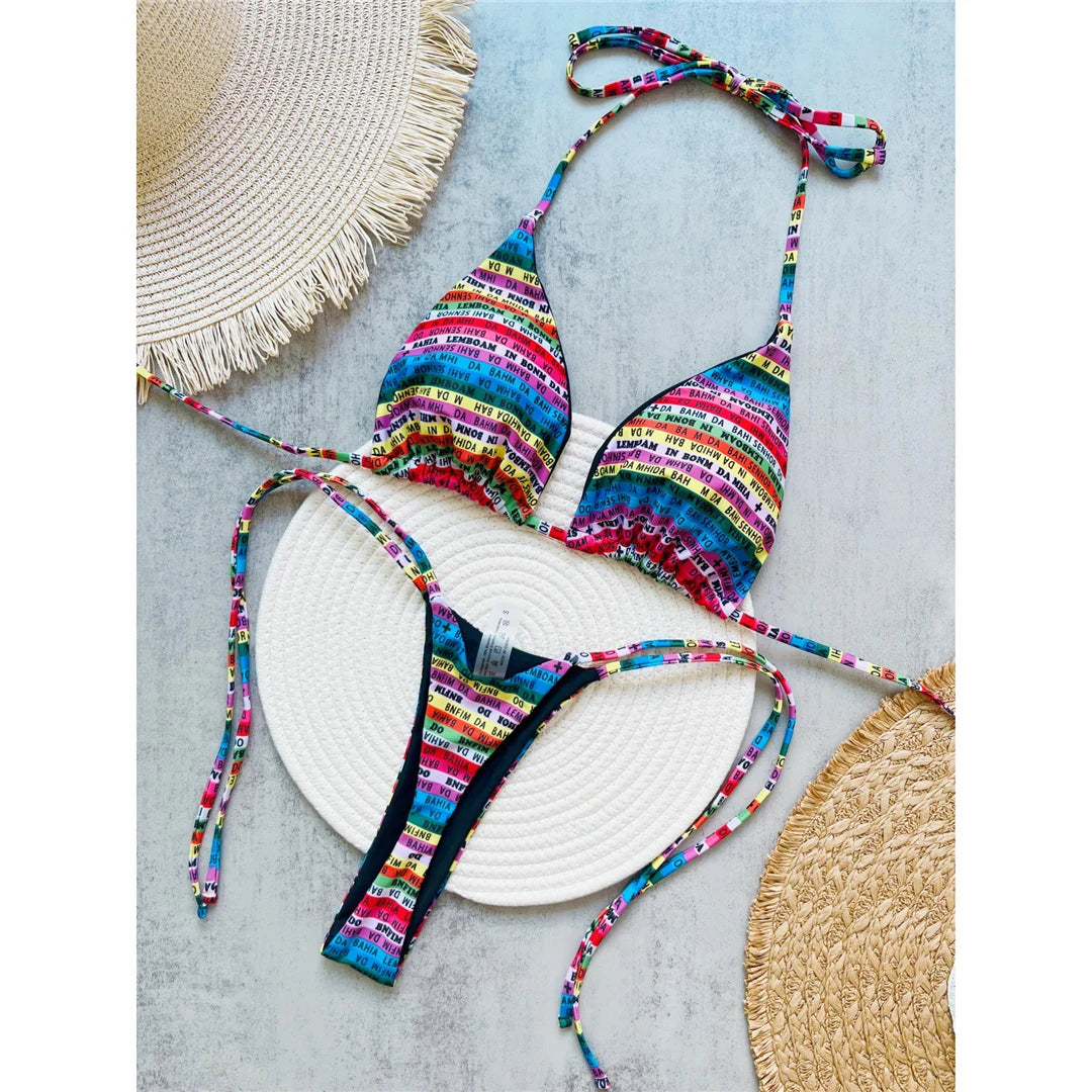 Letters Printed Colorful Mini Thong Bikini Women Swimwear Female Swimsuit Two-Pieces Bikini Set Bather Bathing Suit Swim V6041