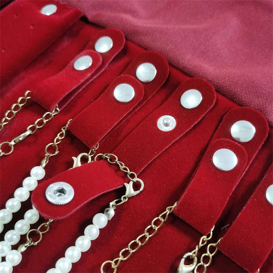 Burgundy Velvet Jewelry Roll Bag Portable Foldable for Necklace Earrings Ring Travel Exhibitions Organizer Storage Bag