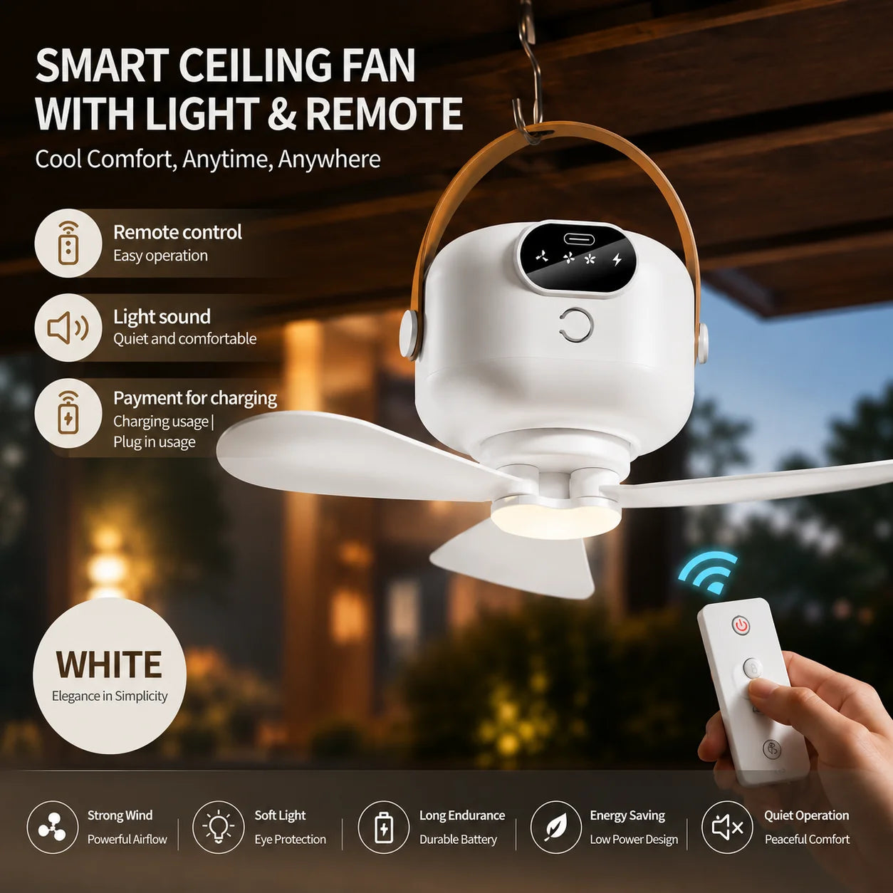 Ceiling Fan Portable Camping Tent Ceiling Canopy Fan 8000mah Rechargeable Wireless Fan Air Circulators with Remote Control Light