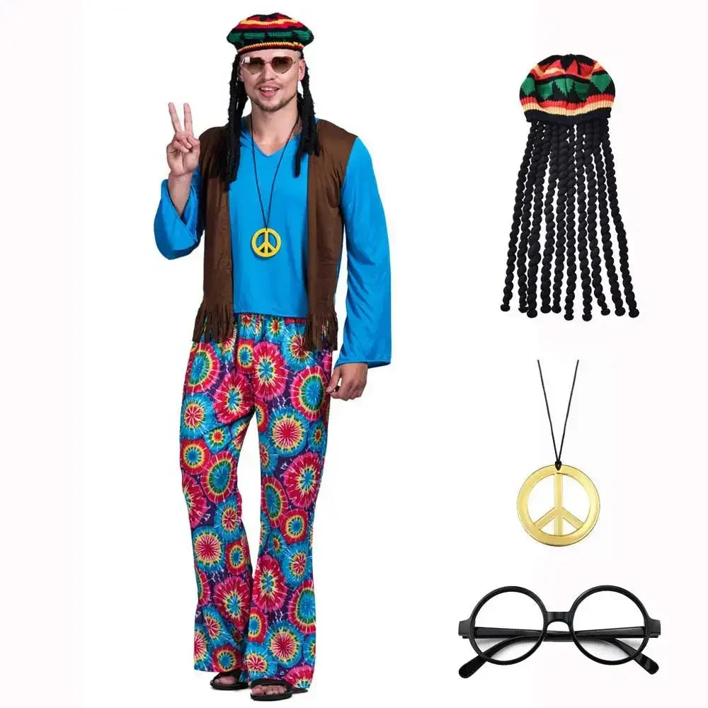 Halloween Costume d'Halloween pour Homme, Ensemble Pantalon, Chemise, Frange, Cadre en Verre, Collier, Chapeau Rasta, Dreadlocks