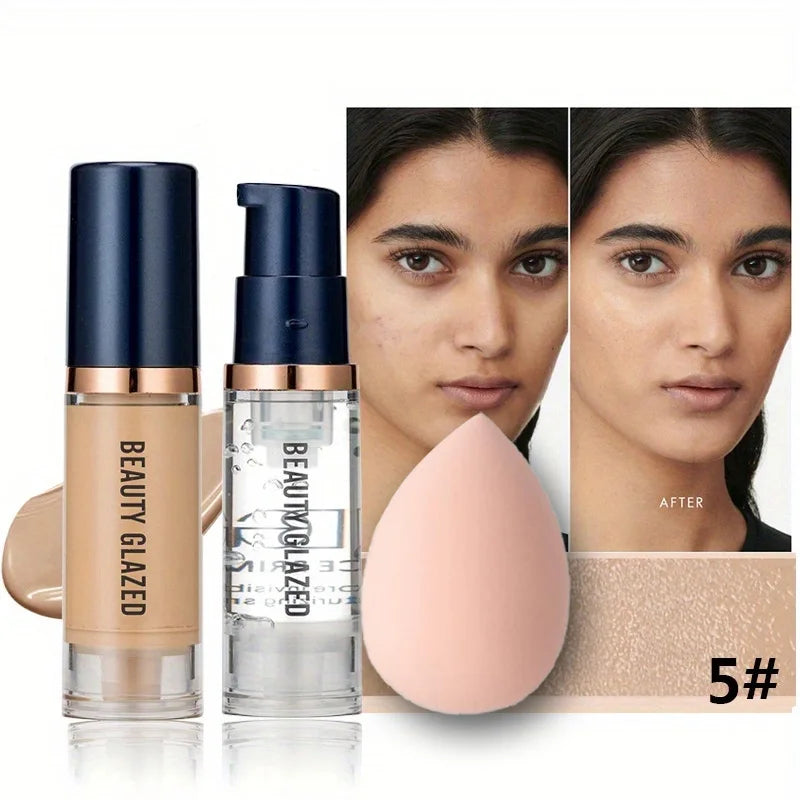 BEAUTY GLAZED 3Pcs Face Makeup Set, Matte Long Lasting Waterproof Liquid Foundation+Primer+Puff
