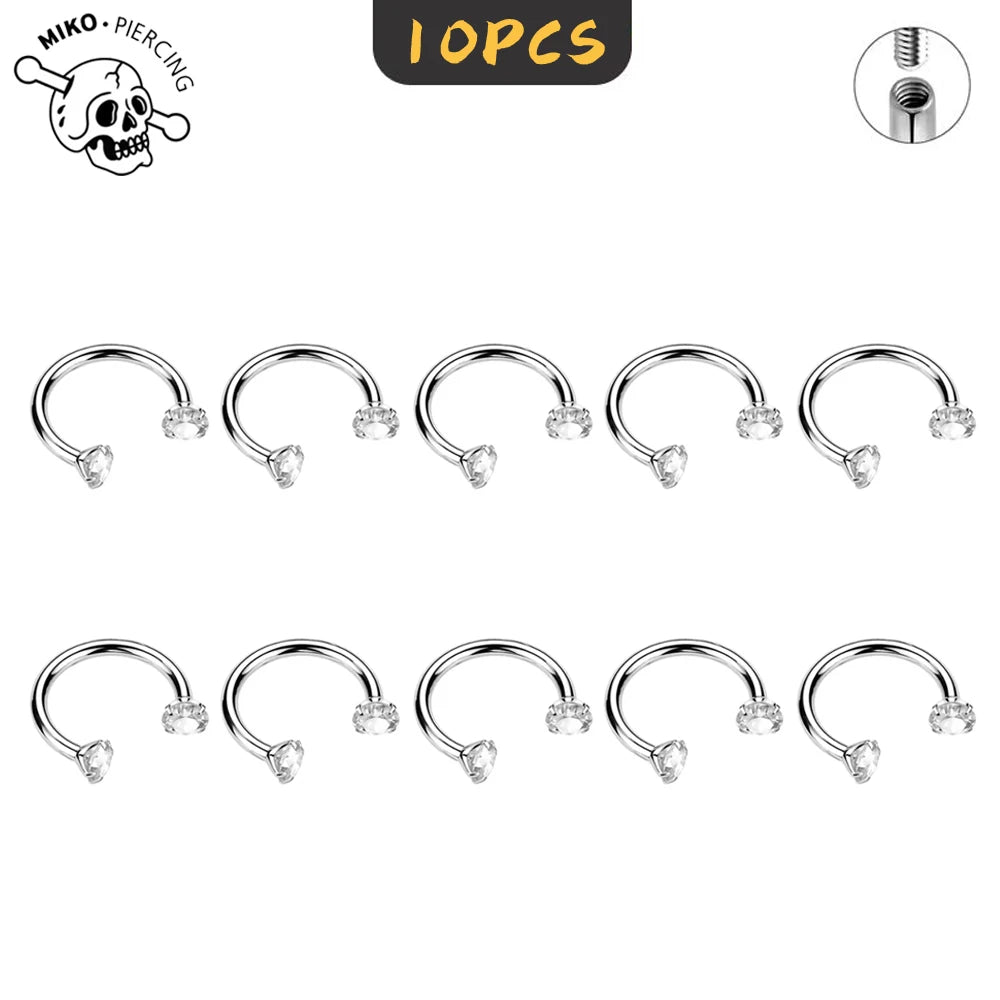10Pcs ASTM F136 Titanium Horseshoe Piercing Intemal Thread Nose Ring U Shape Hoop Ear Septum Helix Lip Tragus Piercing Jewelry