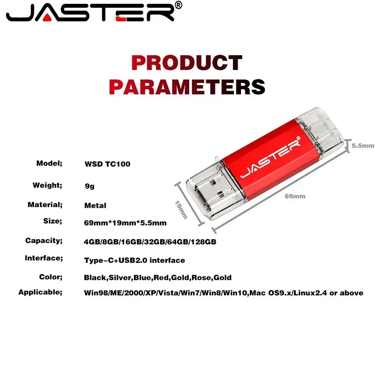 JASTER TYPE-C Smart Phone USB Flash Drives Metal Pen Drive Golden Hight speed Memory Stick Business U disk 16GB 32GB 64GB 128GB