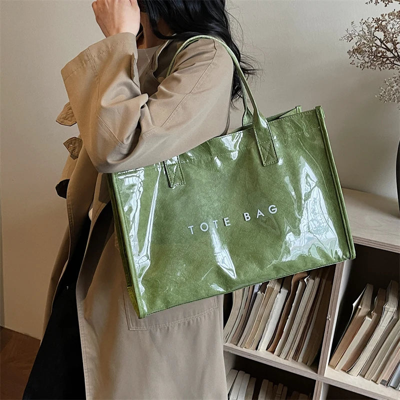 Women's Glossy Leather Tote Bag Letter Print Large Capacity Casual Commuter Shoulder Bag Fashion Daily Shopping Handbag 2026