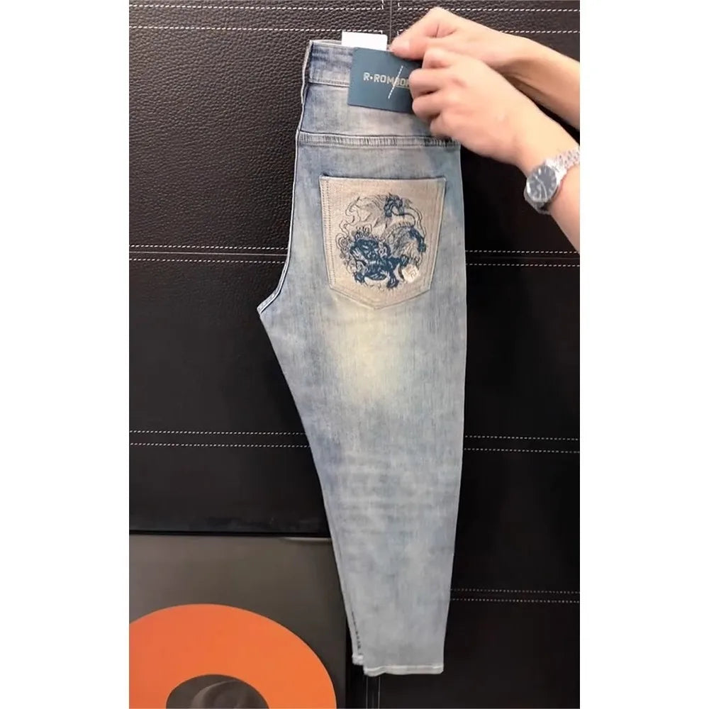 Ele Men's Slim Fit Jeans Elastic Casual Pants Lightweight Luxury Faion Embroidery Summer New Sle European Faion