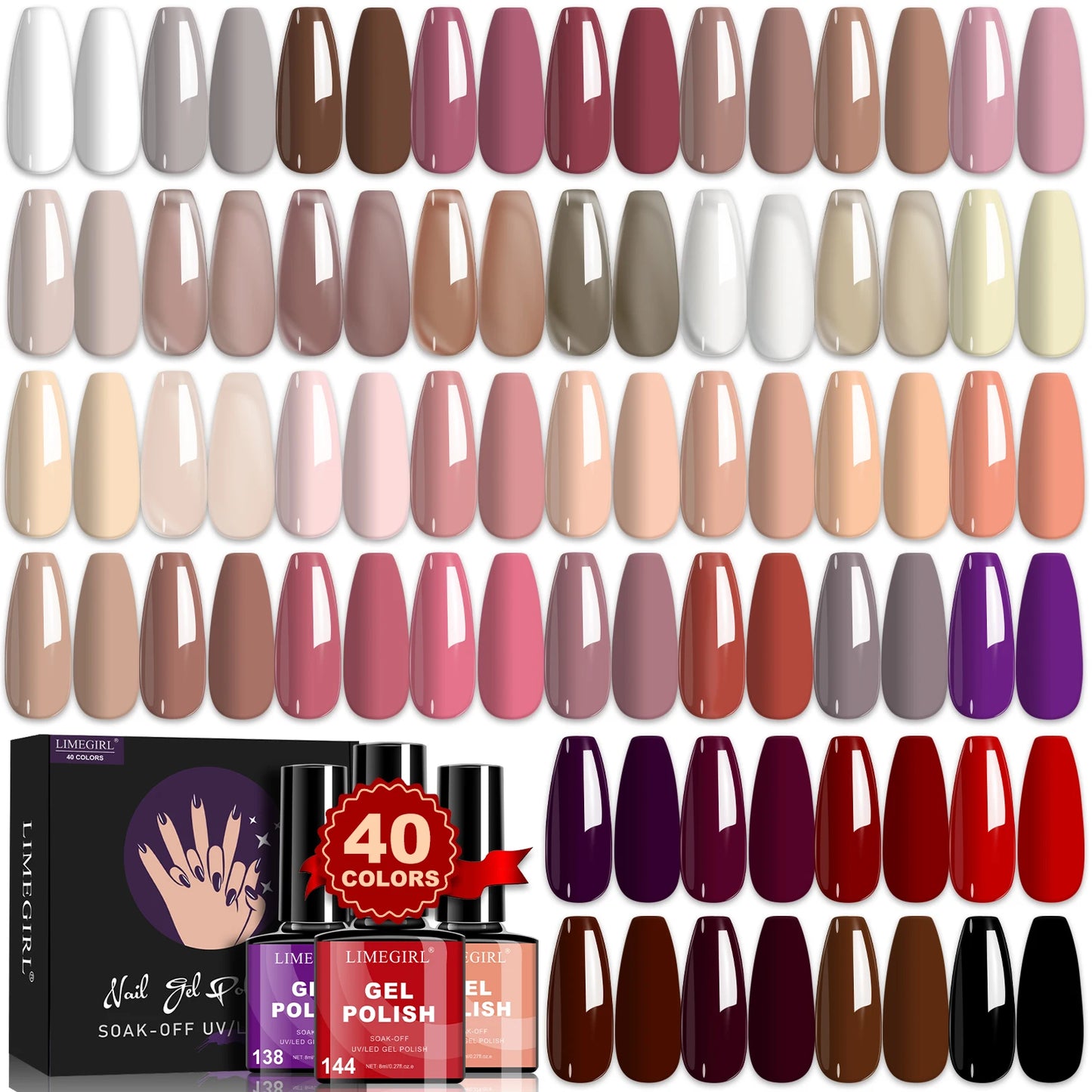 LIMEGIRL 8ML Nail Polish Gel Set 40 Color UV Gel Semi-Permanent Soaking Varn Nail Polish Suitable for Beginners Nail Art Kit