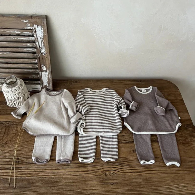 Korean Autumn Baby's Sets 2024 Toddler Casual Set Loose Kids Waffle Sweater Pants Two-piece Set Boys Clothes Suit