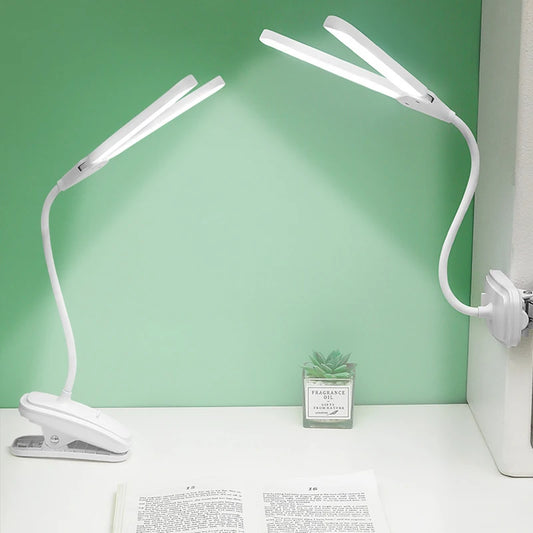 Dual Head Clip Table Lamp LED Rechargeable Eye Protection Desk Lamp Flexible Dimmable Night Lamp For Children Study Kids Reading