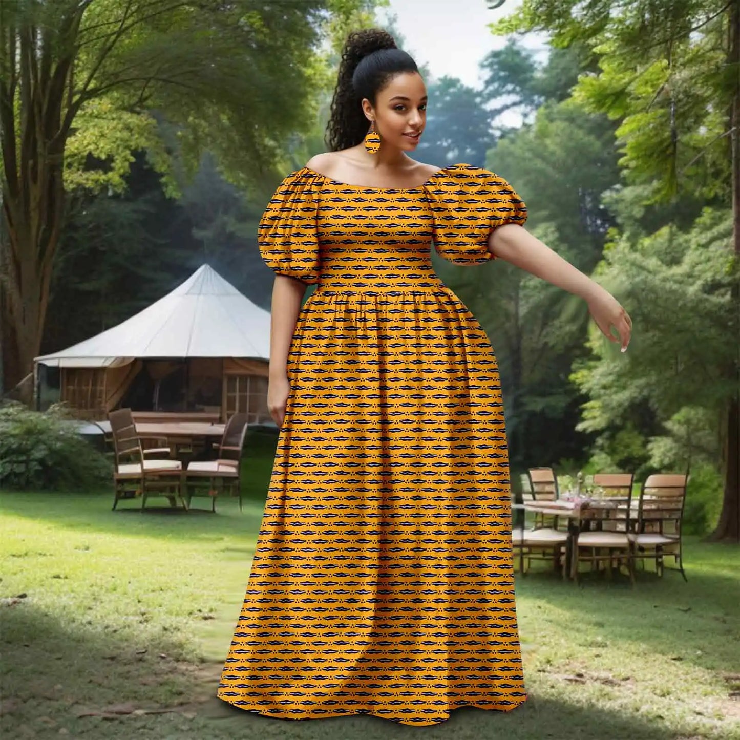 Afripride African Women's Dresses Sexy Strapless Bubble Sleeves With Same Color Earrings Women's Dresses 2525012