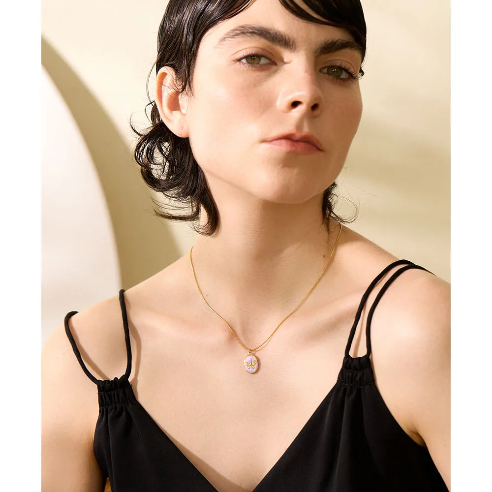 Yhpup Pink Enamel Butterfly Gilding Geometric Pendant Stainless Steel Collar Fashion Necklace for Women Korean Chic Jewelry Gift